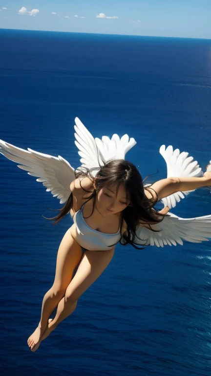 ​masterpiece, top-quality, in 8K, realperson, Unreal, Highly detailed CG, shinny skin, Fully Focused, blue-sky, ((Floating in the air)), The Glory of God, ((Little Angel)), (fullnude), white feathers dance, Full body like