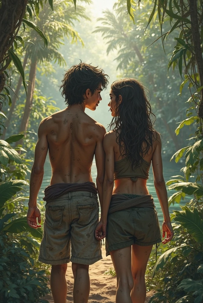 a beautiful woman with pale skin, short black pixie cut hair, piercing eyebrow, delicate and small lips, amber and small eyes, extremely fun smile, standing next to her dark-skinned long-curly-haired boyfriend, in a paradisiacal nature setting surrounded by cats, birds, sun, and blue sky, illuminated forest with waterfall in the background, parked kombi van near the couple, couple grunge style, (best quality,4k,8k,highres,masterpiece:1.2),ultra-detailed,(realistic,photorealistic,photo-realistic:1.37),portrait,fantasy,cinematic lighting,vibrant colors