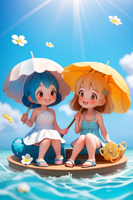 (trio: 1.3), (3 girls: 1.3), (chibi:1.5), summer beach, bright sun, colorful school swimsuit, eating shaved ice together, pouring, laughing, kawaii, comical, sunflower, pose, bright sun in the background, BREAK, eating shaved ice, ocean, watercolor, retouching, pastel colors, high quality, masterpiece,long shot,A slightly distant view、