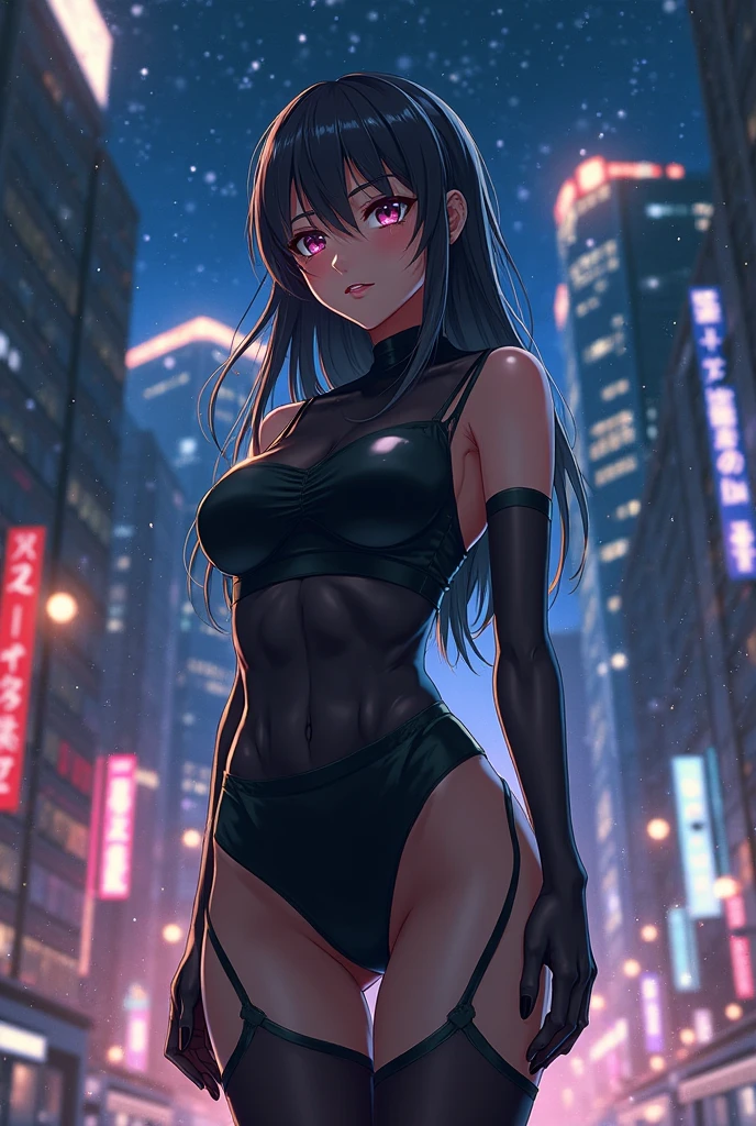 (close up shot, anime style, sfw), high quality, best quality, masterpiece, thighs, bright blue detailed eyes, cinematic rearview of sexy Misato Katsuragi posing dynamically, black long hair, looking up at a cyberpunk neo tokyo well lit highrise building, filled with neon signs, (perfect medium sagging breasts), well lit by red neon lights, ((see-through, see-through breasts)), ponytail, thighs, (translucid)