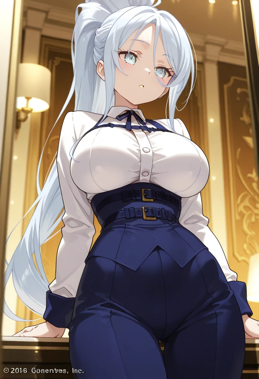 (((masterpiece))),(((high resolution)))、(((perfect face)))、(((beautiful woman)))、((shirt))、((skirt))、(big breasts)、(Plump)、silver hair、hat、embarrassed expression、(((looking at the camera)))