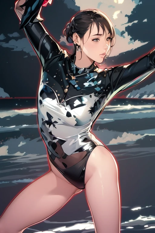 masterpiece, best quality,anime style, 1 girl,(((slender body))), (((small eyes))),(((athlete suit))), (beautiful face), (((short hair))), (((straight hair))), ((((brown hair)))),detailed beautiful skin, (perfect hands, perfect anatomy),scream