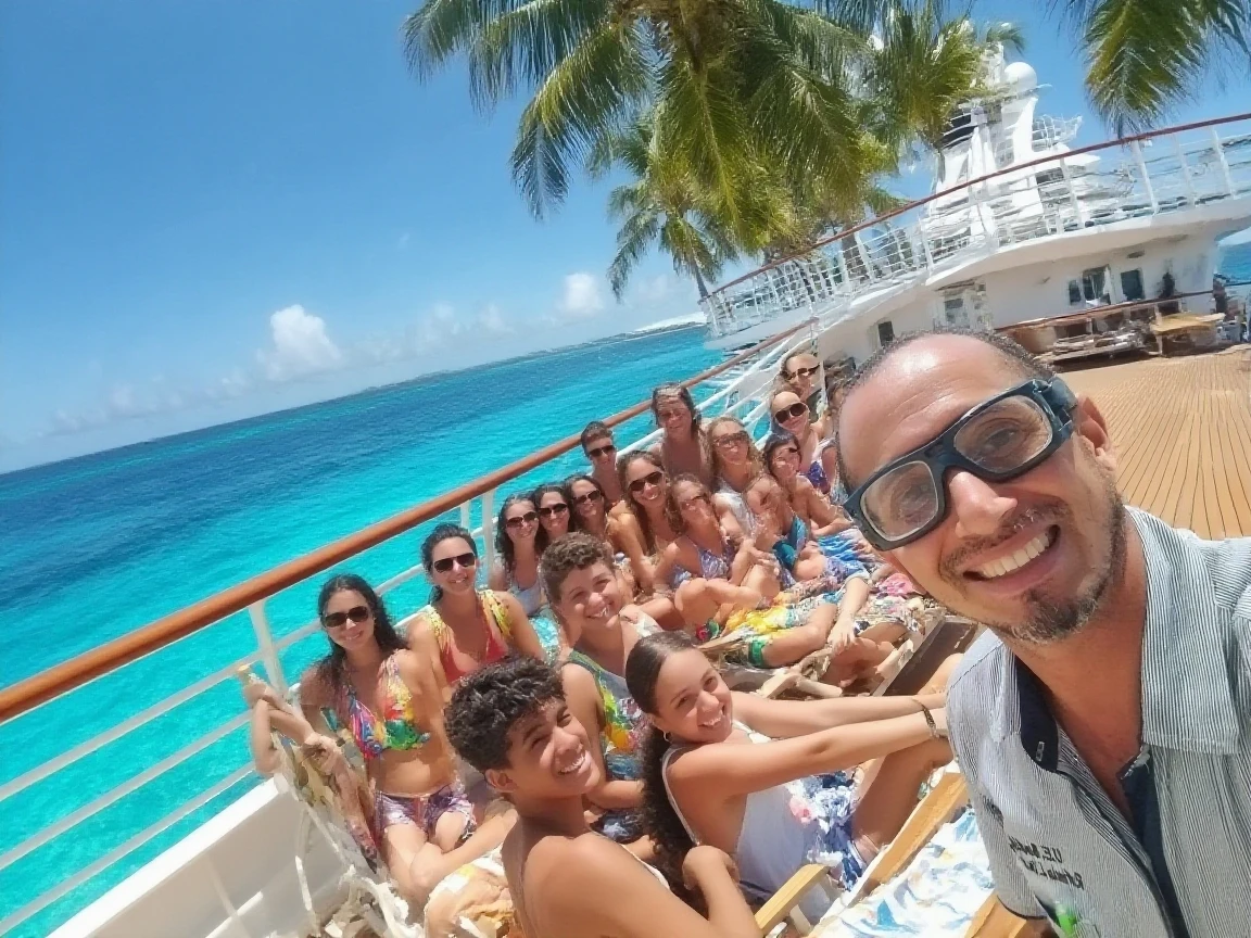 Three people in sunglasses are sitting in a swimming pool with a man, vacation photo, sentado na piscina, divertindo-se, festa na piscina, Divertindo-se ao sol, Torne-se profissional, Divirta-se, GoPro Shot, selfie shot straight on angle, muito bobo olhando, paradise in the background, vacation, disney pixar