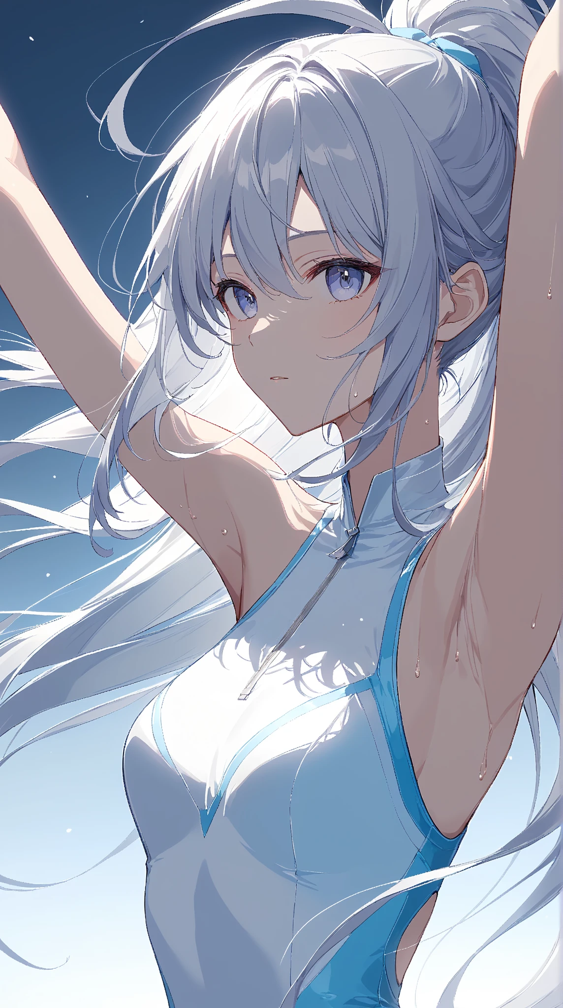 (masterpiece, best quality), perfect anatomy, cowboy shot, Shirakami fubuki, 1girl, solo, fox ears, fox girl, fox tail, white hair, aqua eyes, strapless top, front slit, blue neckerchief, white detached wide sleeves, black shorts, single thighhigh, thigh strap, navel, <lora:shirakamiFubuki_v10:0.6> , <lora:beautifulDetailedEyes_v10:1>