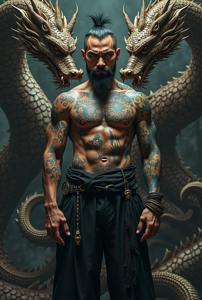 a sinister, menacing Thai man with an imposing, fierce presence, standing in a fantastical, awe-inspiring digital art scene, with intricate ancient Khmer-Thai tribal tattoo patterns covering his body, photorealistic, digital art