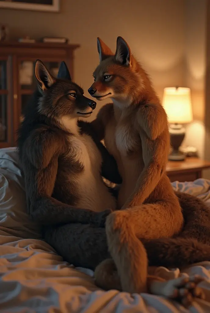 Yellow fox , red husky, male/male, Male, Male focus, Bcolored leather, fire, candle, nude, (((duo))), having anal sex with a male red husky, anal penetration, from behind, canine penis, knot, ((Masterpiece, Best quality)), looking dominant, looking horny,