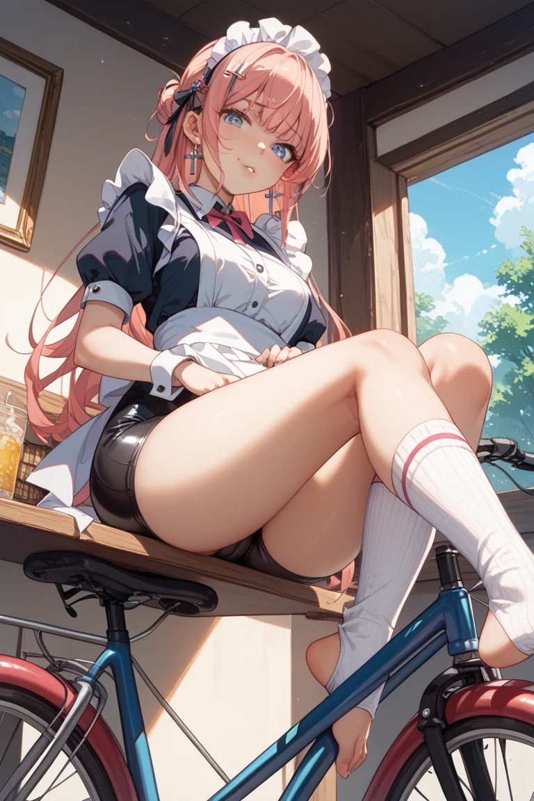 (masterpiece, highest quality, ultra high res, ultra detailed:1.3), 1 cute girl, ideal ratio body proportions, pink medium hair, half twintail, small breast, from below, front view, yellow tank top, tank top covered nipples, blue denim mini (skirt, white panties:1.4), (sitting, open legs, riding on a seesaw:1.3), view from the other side of the seesaw, cameltoe, 