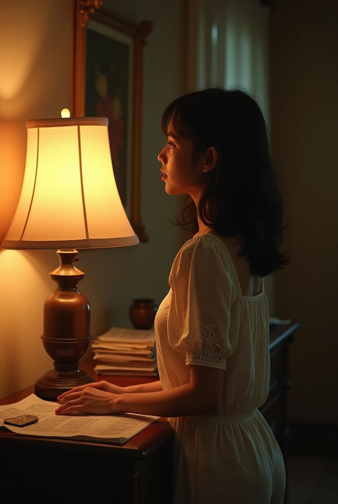 A 35-year-old Japanese woman wearing a sleeveless shirt, Facing forward in a room at night