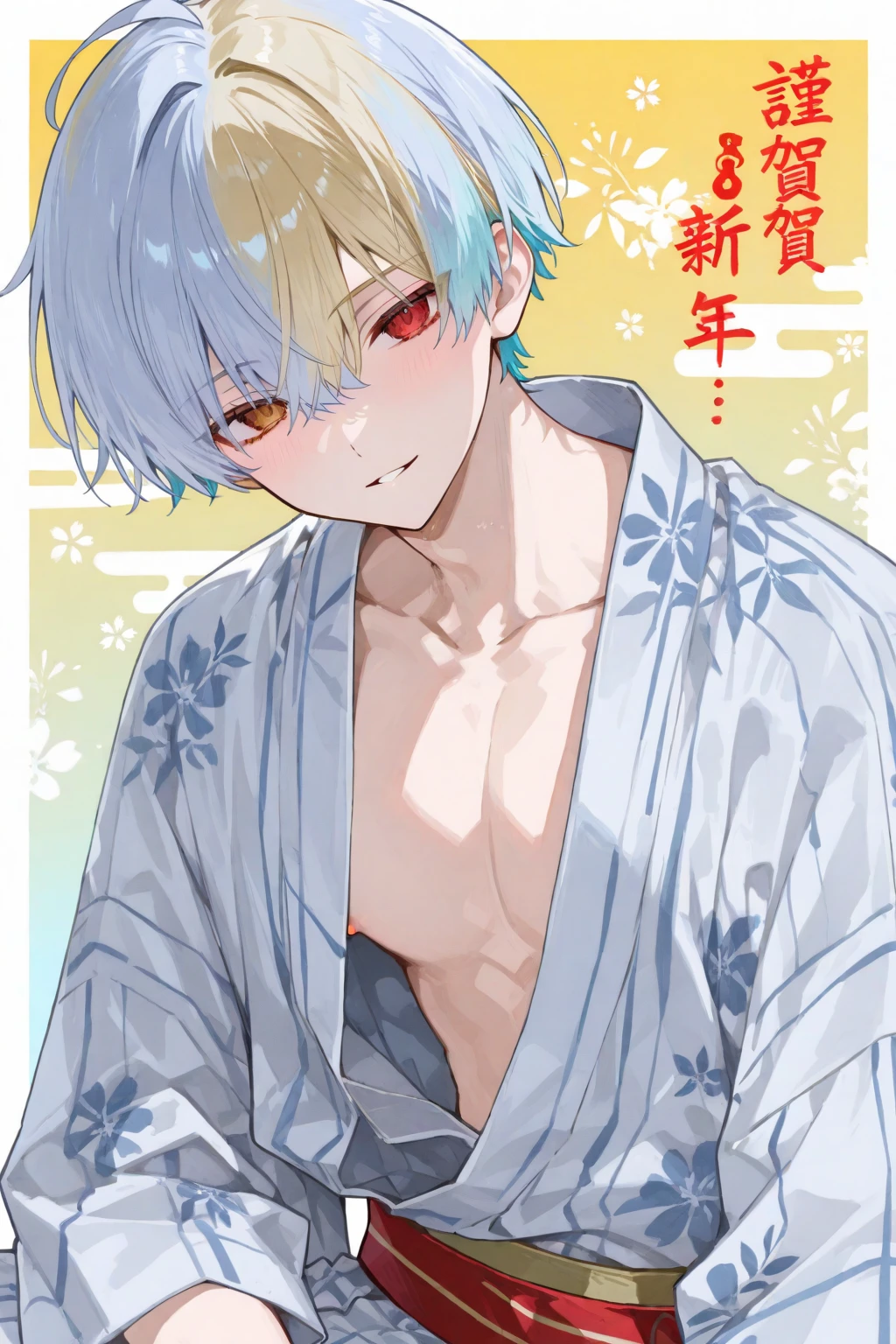 tmasterpiece, Best quality at best, high qulity,  1boys,10years old,, malefocus, full bodyesbian, looking at viewert, White blue hair,Spiked hairstyle, short detailed hair, Steam fumes, Japanese style,  anime coloring, CRIT, MUJI home style, 详细的脸, Upper body, White towel tied around waist,finely eye and detailed face,convex, Nichiki Onsen