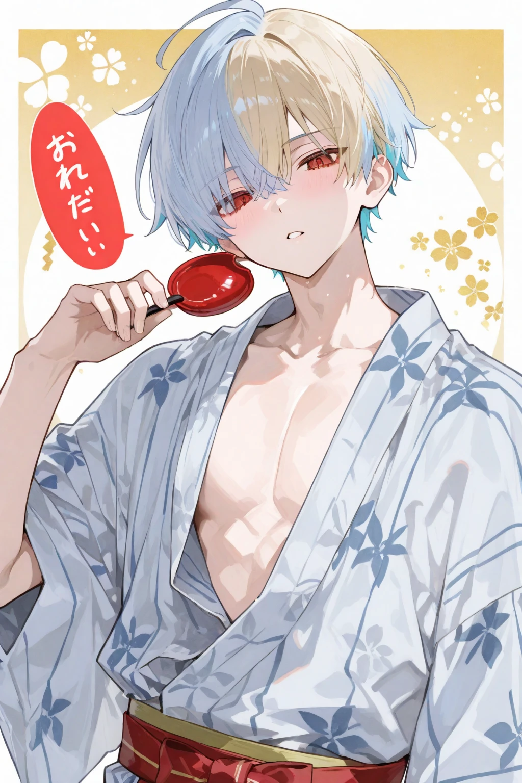 boy with snow-white disheveled hair and gray-green eyes, naked torso, underpants, FOR BODY SUSHI AND ROLLS, DINNER BACKGROUND, lies on the table, nice smile, NSWF