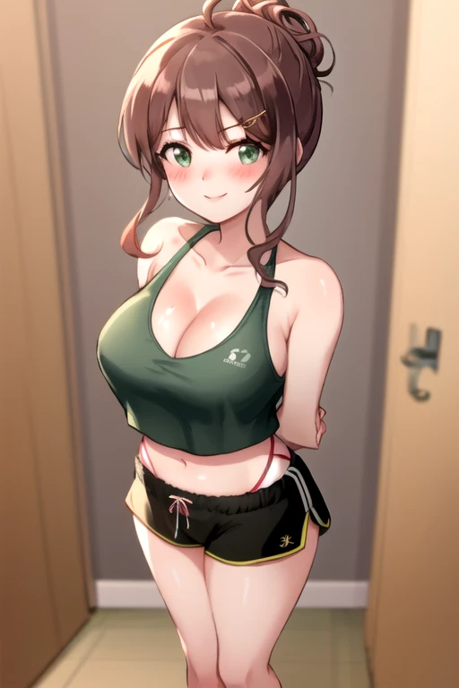 ((Table t○p, highest quality, Hi-Res Lucifer,Anime Screen Capture、Pixel Perfect, 8k、Browsing Caution、Sex)))、Perfect Anatomy、Miyu Kato、(((Maintenance Staff、Chubby、Big Breasts、Wide Hips、Wide Hips、Thick thighs、Hands on Hips)))、(Black baseball cap)、(((short hair、Long sideburns、Single Braid Ponytail、Brown Hair)))、((Orange Bikini、Shirt lift、White T-shirt、Green Cargo Pants)))、Brown gloves、Sweat,(Green Eyes)、 ((Grin、blush))、(Dark Concrete Floor)