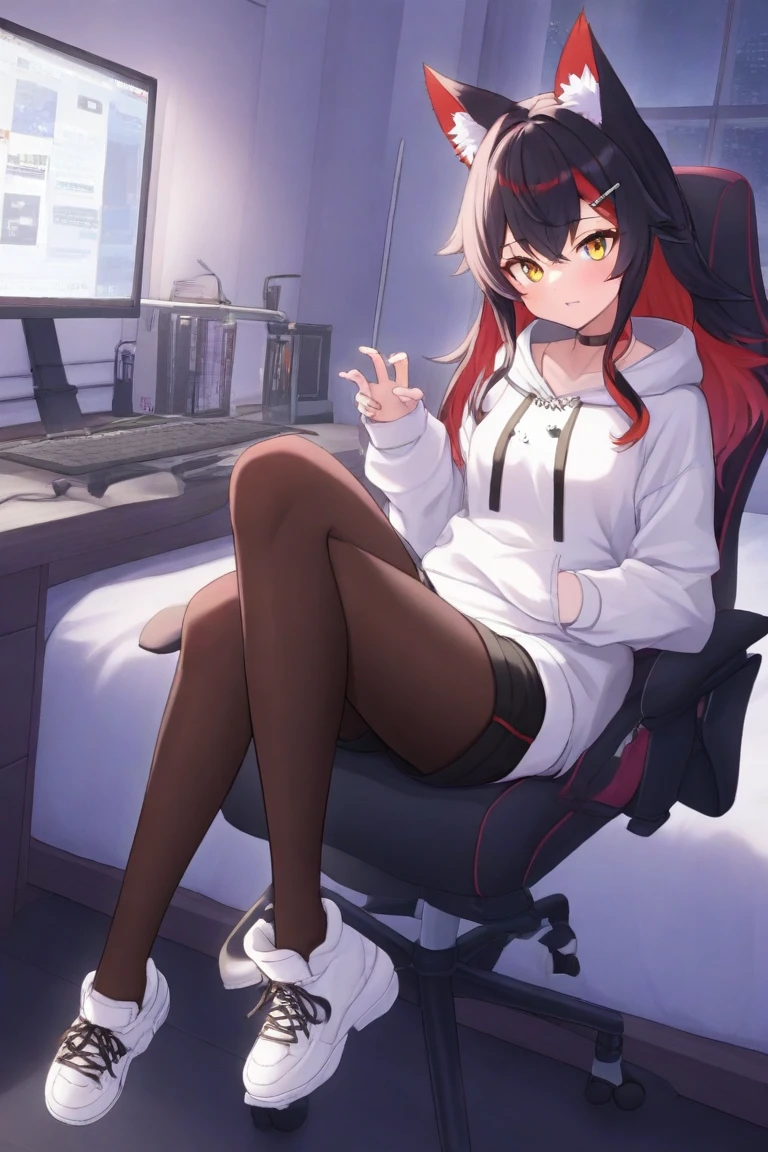 a 20 year old girl with long brown hair sitting in a gaming chair he an streamer she feels sexy she is slimeing and wearing tight clothes