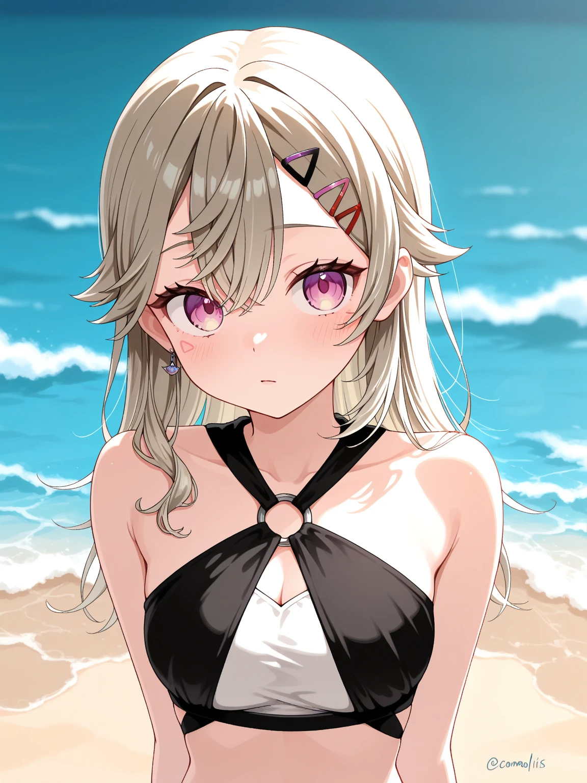 1girl,solo,eyewear on head,hair ornament,blonde hair,long hair,one side up,jewelry,upper body,hair between eyes,swimsuit,sunglasses,looking at viewer,hairclip,bangs,bare shoulders,closed mouth,bikini,breasts,rabbit hair ornament,heart,smile,earrings,black bikini,off shoulder,blush,wet,nail polish,hand up,cleavage,collarbone,finger to mouth,symbol-shaped pupils,red nails,medium breasts,red eyes,multicolored hair,star (symbol),purple eyes,