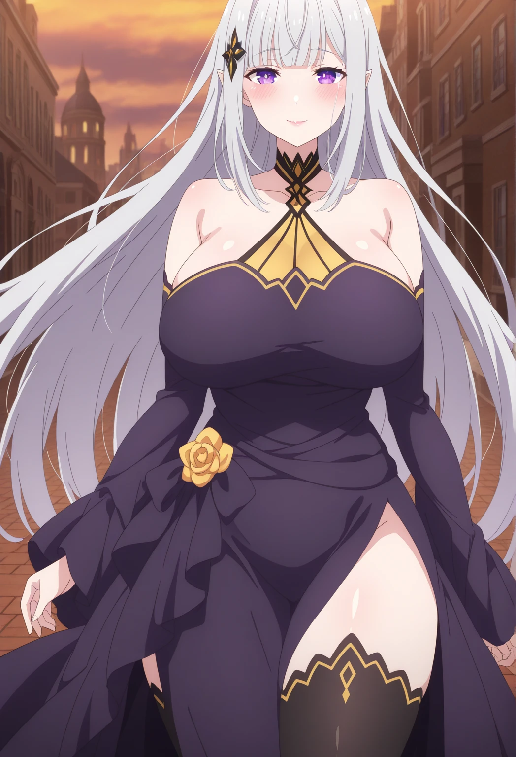 masterpiece,best quality,anime,2d,detailed eyes, 1girl, long hair, solo, butterfly hair ornament, standing, smile, hair between eyes,capelet, long sleeves, petals, black dress, hair between eyes, butterfly, looking at viewer, white hair, black eyes, (white eyelashes:1.1) (colored eyelashes:1.2), very long hair, holding, breasts, masssive breasts, huge breasts, standing, looking at viewer, huge ass, huge thighs, narrow waist, wide hips, thick thighs, curvy,cleavage, closed mouth, striped dress, vertical stripes,black capelet, chair, table, holding cup, vertical-striped dress, long dress, flower,