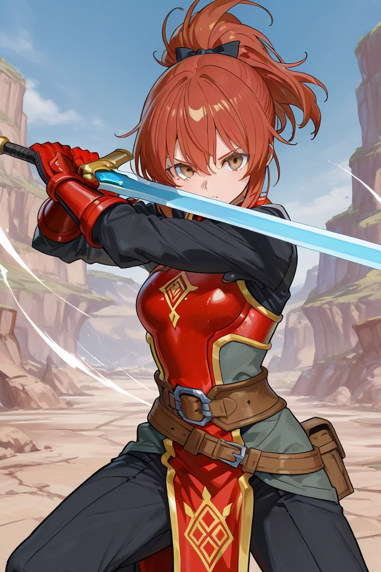 perfect quality,best quality,absolutely eye-catching,ambient occlusion,raytracing BREAK
1girl,<lora:fia IL v1:0.7>,fia,red eyes,red hair,short hair,dark-skinned female,tattoo,armor,shoulder armor,red cape,green pelvic curtain,dog tail,greaves,tiger stripes,facial tattoo,