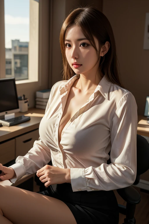 8k wallpaper,top-quality,masuter piece,ultra-high resolution,HDR,Photo Real,Cute girl, 23-years old,large boob, big breasts,Looking at the camera,solo, thin waist,enchanting posture, enticing, Attractive facial expressions, diffused lighting, detailed background of office, light on face, Close to camera,coquettish expression, dressed in business attire, including a blazer and blouse,(medium close-up shot:1.5),(ecstasy:1.3) ,(slut:1.2),(vulgarity:1.3),(fucked silly:1.1),(orgasm:1.5),(cleavage-enhancing:1.2),bokeh
