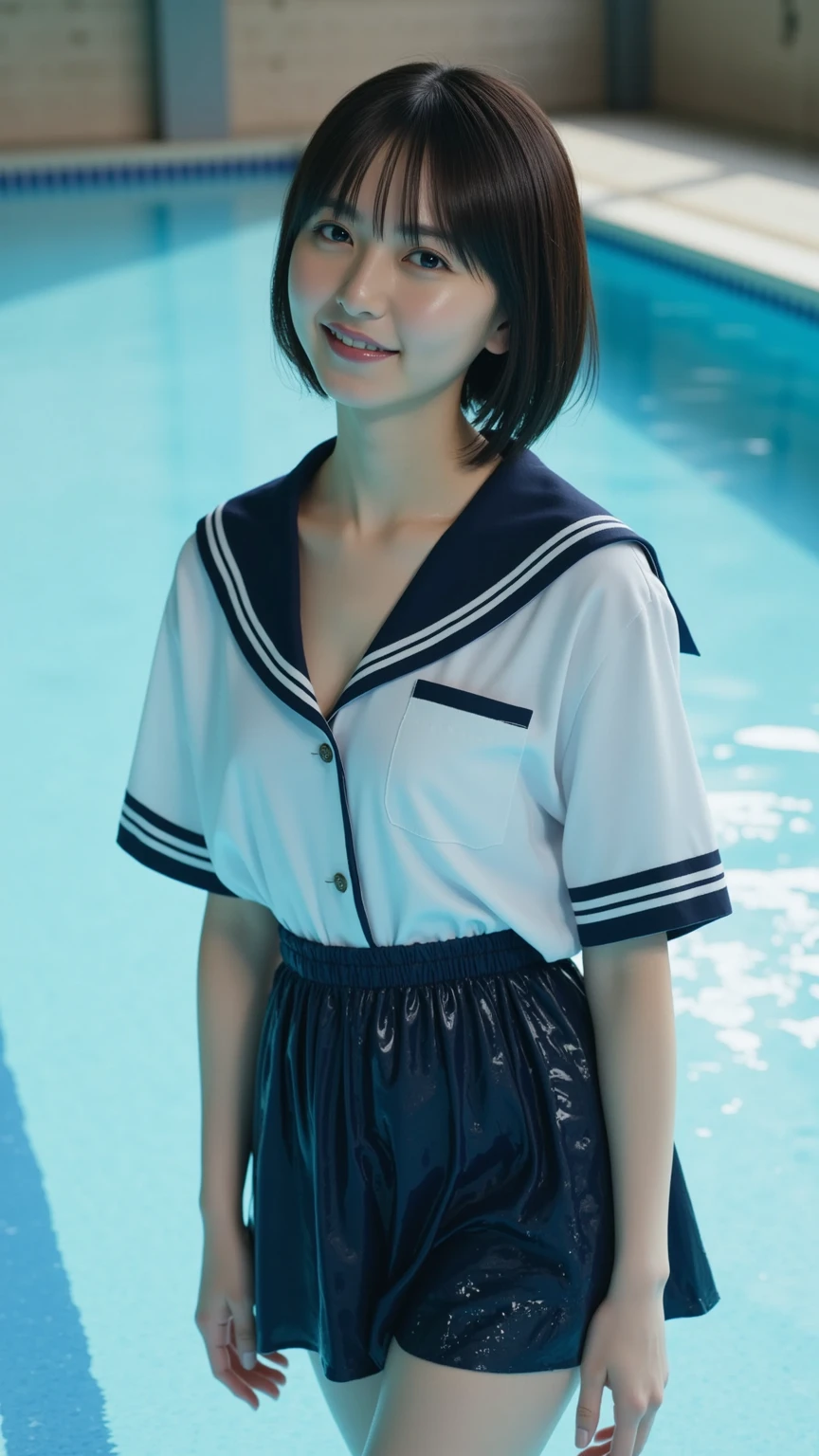 masterpiece, Highest quality, Earrings, , Sailor suit, skirt, Black Hair, Small breasts, , Upper Body, hot, sweating, Sitting, ponytail, looking at the camera, Ocean, Look forward, Spread your legs, anger, Show your crotch, Wear glasses
