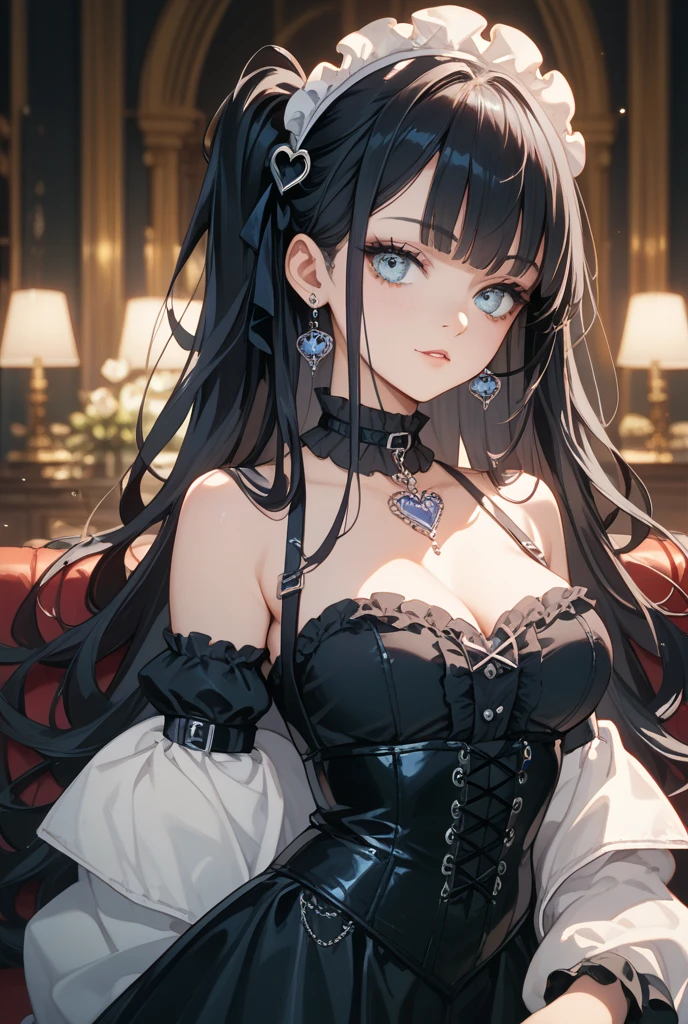 A female vampire that loves to throw lustrous parties and wear old-time dresses and throw parties. She has black hair with red eyes. She’s kind but she’s also very beautiful and doesn’t mind to show that she’s beautiful. And do a close up of her in the middle of the party dancing and happy and smiling. everyone in the background is blurred but admiring her beauty but she’s just smiling and dancing around in a large gold and darkly colored ballroom. She’s a little modest but still likes to show off her boobs with a black puffy dress. With curly black shiny hair.