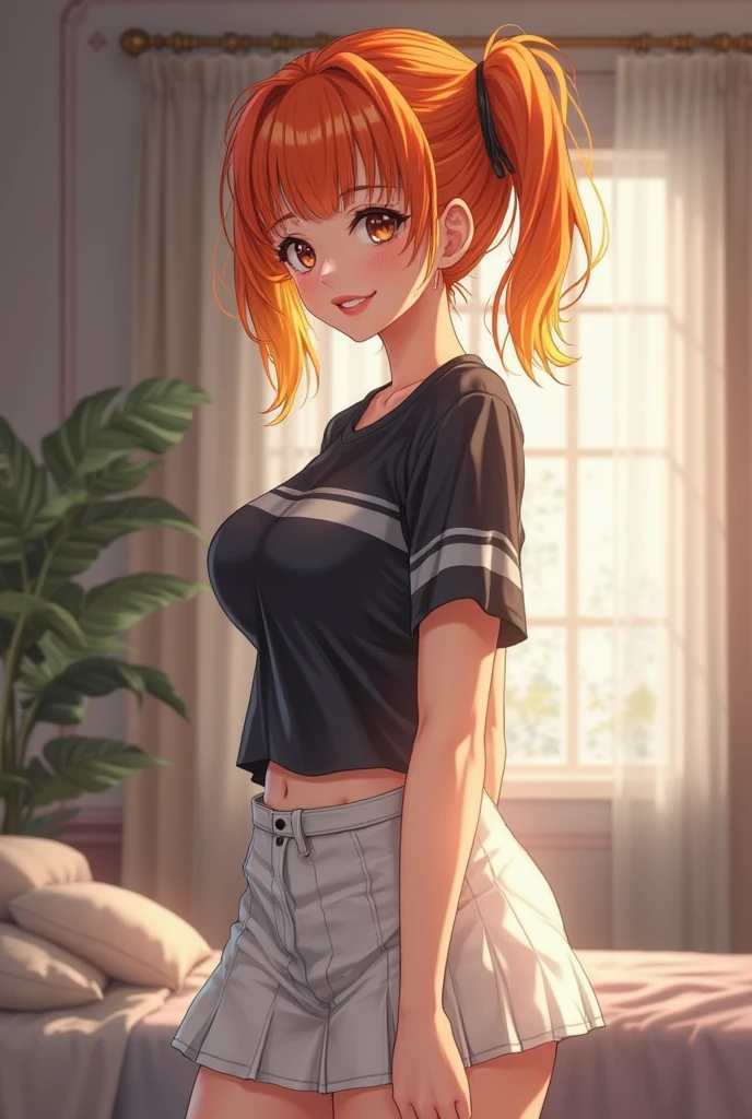 1girl, anime girl, anime, (dark skin), stylish girl, 2d girl, 18y, (fullbody), in bed, anime girl, seductive smile, (orange hair), ((white blouse)), Solo, Slim, Big Breasts, Tight Shorts, low waist shorts, upshorts, sitting on the bed, night background through the window, looking at viewer, (((spread legs))), (((Wedgie))), (((shorts))), (((absurdres))), (((thigh gap))), (((cameltoe))), (((lowleg shorts))),