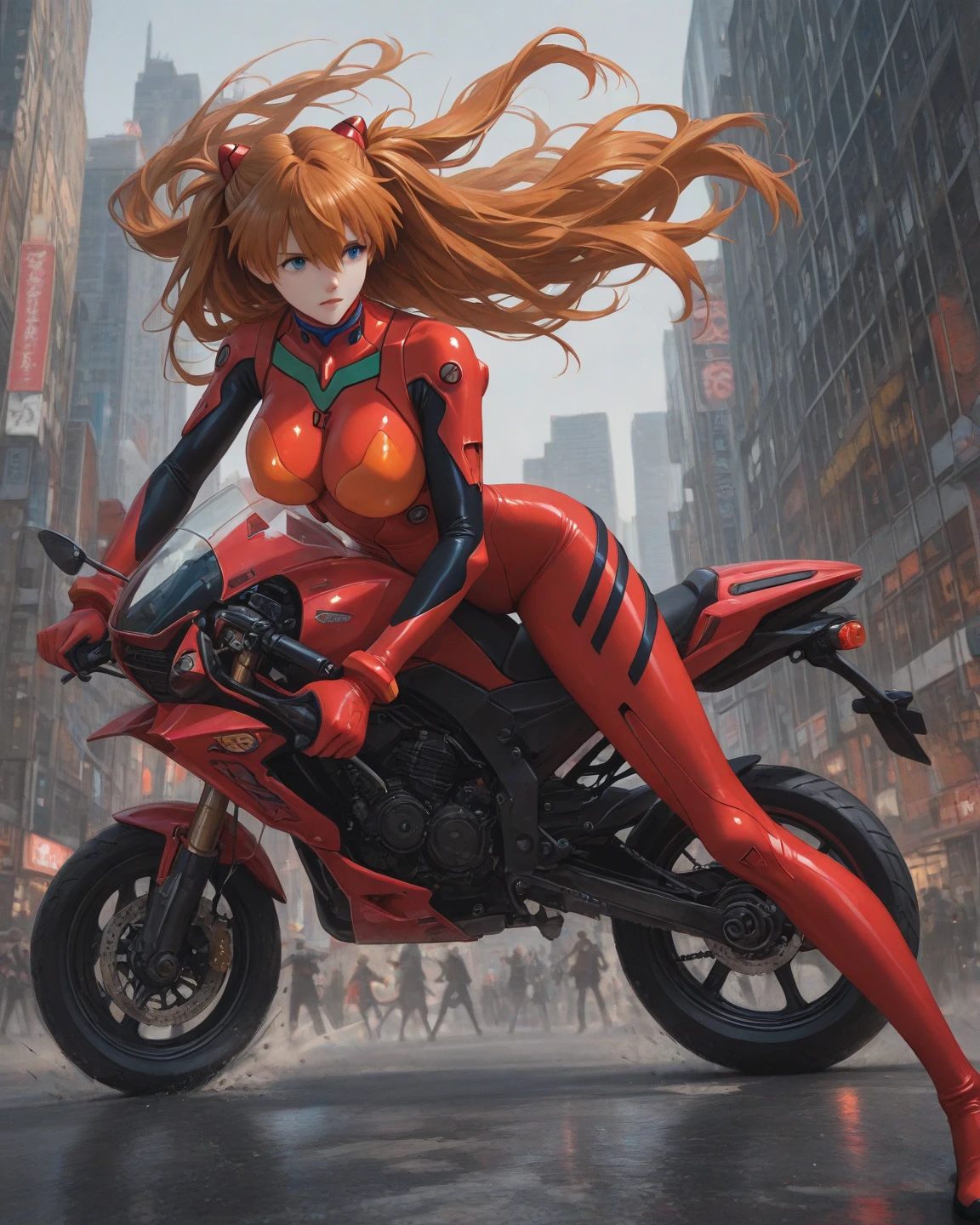Sheer lower body,Sheer upper body,Naughty,Highest quality,See-through Asuka suit,A cartoon drawing of a woman with a gun riding a motorcycle, Gainax anime style, Gainax, studio Gainax art, inspired Masamune Shirow, Asuka suit worn under clothes!, studio Gainax, studio Gainax illustration, Masamune Shirowのスタイル, Masamune Shirow, Masamune Shirow, Female body type