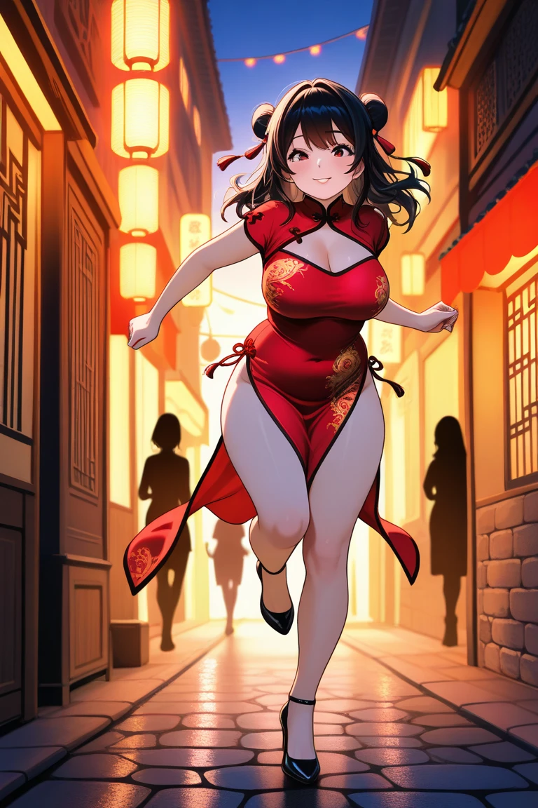 ((high reasterpiece), perfect anatomy, perfect shading, field of depth, (best quality), extremely delicate and beautiful, perfect lighting, detailed face, ultra cute face, cute, (cowboy shot 1.2), looking at viewer, full body, ((1girl)), ((solo)), short hair, fluffy hair, brown hair, hair decoration, green eye, ((blush)), nervous ((red chinese split dress 1.2)), extremely tight dress, thigh highs, medium breasts, cleavage, perky breasts, (((wide hips))), ((thick thighs)), (chubby), chubby belly, fat rolls, belly hang, street, town, chinese festival, night time, intricate background, detailed background, standing, (huge belly:1.4)