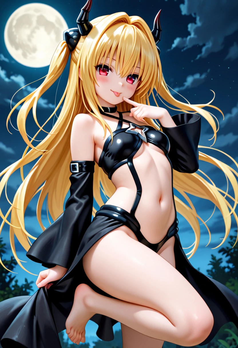 Miku Nakano lying on the grass on the banks of a lagoon watching the sky, in black underwear with gold edges, short shiny golden hair, 2 large horns with details equal to GOLDEN MOON from free fire, black eyes, provocative face.
soft lighting, slight evening blizzard.