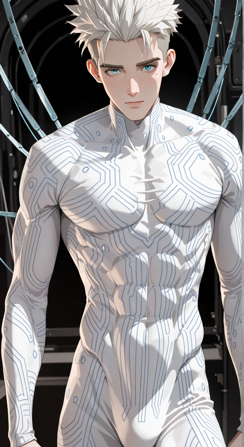 (The art of leading technology,1.4),Ahead of the curve,(Electronic systems: overhead humanoid robots,Naked muscular masculinity:1.2),(tmasterpiece,best qualityer,Official fine art, Aesthetics:1.2),(Hyper-detailing),((see-through thong:1.2))((Biopunk,Cyborg man:1.1))((various old tvs in the background:1.1))finely detailled,Most Best Illustration,hand-drawn high quality,(scybernetic,hight contrast),(Have a detailed brain that you can see:1.3),(Artistically),Line drawing,(Complex lines),Clear lines,s fractal art,Brush strokes,ukiyo-style,(nakeness,Muscular macho,full-body portraits,see-through thong,Extreme closeup:1.1),(Muscular macho,Skin tone transparent tweezers:1.1)(,With a delicate heart that can be seen:1.1),The perfect facial features of a supermodel,whole body show(muscles cable wires:1.2),Large scene composition,Perfect pectorals and abs,Mysterious night,Extremely provocative and sexy(Add details),(detailedbackground:1.2),(|cyber punk perssonage,core,),A high resolution,extremy detailed((Realistic skin,Ultra-artistic,I only wore a pair of transparent thongs with a skin tone,The internal structure is faintly visible:1.2))((whole body display,Extreme detail:1.2))(Canon M50|100mm|sharp fokus |Gently|ultra-realistic realism |The is very detailed|intricately details |blood vessel :1.2)