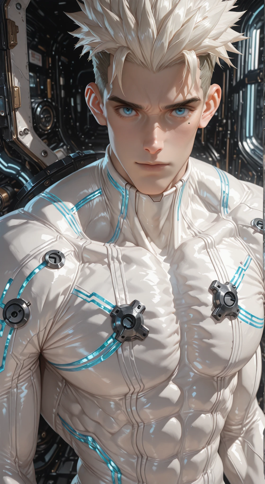 (masterpiece:1.35), (very aesthetic, best quality:1.3), highly detailed, dark environment, backlit, absurdres, close-up view, hyperdetailed realism, addmicrodetails, realistic 3d artstyle, detailed shading, realistic clothing and textures, solo, looking at viewer, 3d anime style, anime style, 1man, slender, toned, muscle, White hair, spiked hair, mole, topless male, solo, undercut, blue eyes, (Trigun), (Millions Knives), white bodysuit, glowing lines on bodysuit, blue eyes, standing, facing viewer,