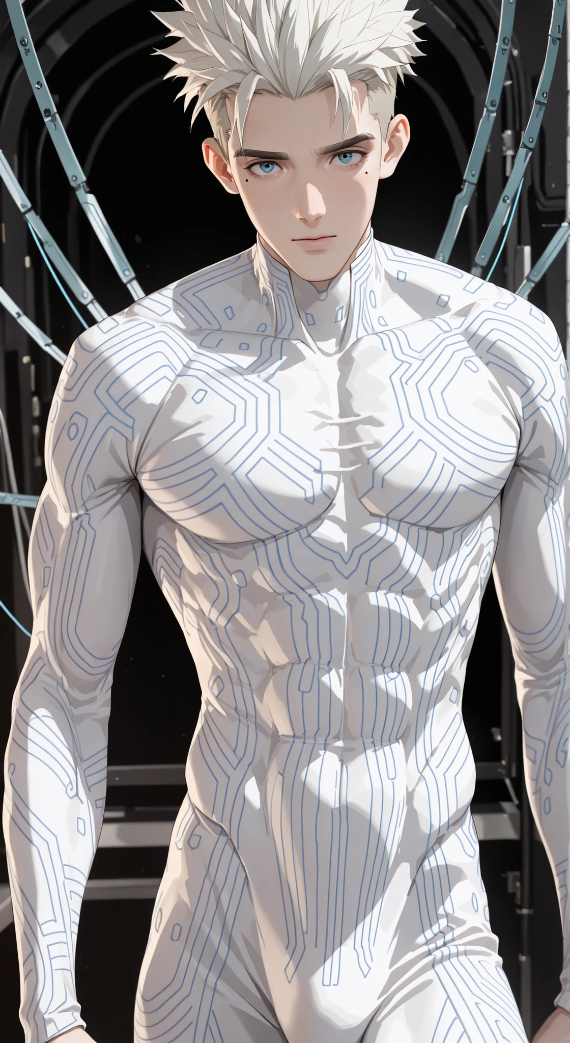 (masterpiece:1.35), (very aesthetic, best quality:1.3), highly detailed, dark environment, backlit, absurdres, close-up view, hyperdetailed realism, addmicrodetails, realistic 3d artstyle, detailed shading, realistic clothing and textures, solo, looking at viewer, 3d anime style, anime style, 1man, slender, toned, muscle, White hair, spiked hair, mole, topless male, solo, undercut, blue eyes, (Trigun), (Millions Knives), white bodysuit, glowing lines on bodysuit, blue eyes, standing, facing viewer,