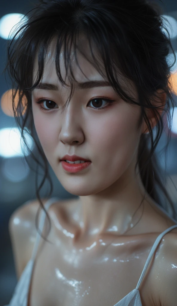 (Wet clothes:1.9),(Get wet all over your body:1.9),Top image quality, tmasterpiece, 超高分辨率, (Fidelity:1.4), photore,deluge, stunningly beautiful woman, (Sorrow), white shirt, dim murky lights, shadowy, Desperate, Pity, Pathetic, Cinematic, Tears, tear drop, (ripped clothing:1.5), (Wet clothes:1.4), bare shoulders, Real rain, wetting hair