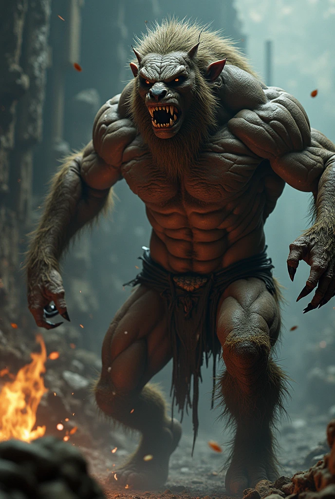 A man who is an angry savage beast, ape-like, wearing torn clothes, snarling and clawing, background is thorny vines, dark cloudy sky, mood is harsh, malicious, night time light, character design.