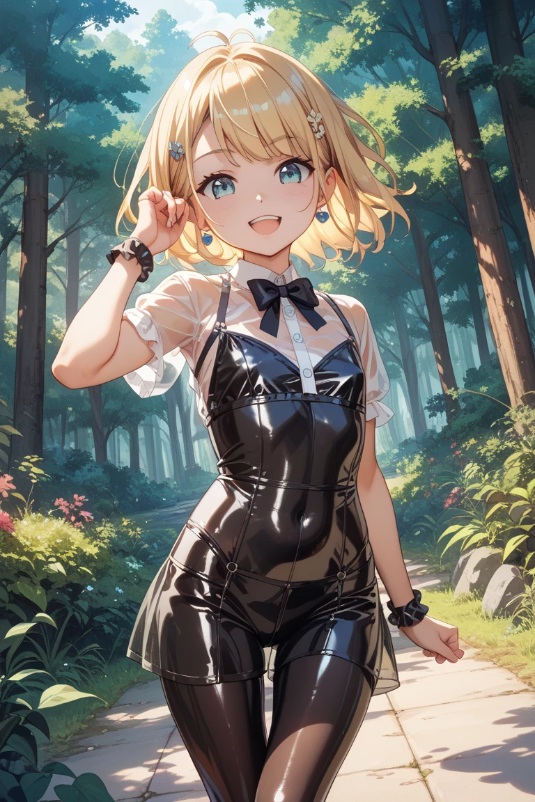 (small breasts:1.2), (perky chest:1.2), (pointed chest:1.2), (dynamic angle:1.3, front view:1.1, breast focus:1.3, from below:1.1), (dynamic posing:1.2, sexy posing:1.2), (seductive smiling:1.3), highest quality、(real、photorealistic:1.4),(ultra high resolution, 8K RAW photo, clear focus), best qualtiy, natural lighting, field depth, (Bright pupils, detailed beautiful blue eyes, high detailed face), (tight focus:1.2), a girl 28yo old, Thicc, thin breast, long hair, blue eyes,garter stocking, cleavage:1.2, midriff, black shorts, black thighhighs, thigh strap, pretty girl, (highly detailed beautiful face and eyes,firm breasts),real skin,((black,hair,long pony tail hair)),thin pubic hair,cute,lovely, detailed eyes,(double breasted:1.0,under bust:1.0),(with sparkling eyes and a contagious smile),close mouth, Looking at Viewer,
