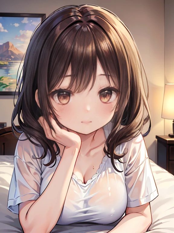 lookin at viewer, Looking up、all fours,
 Realistic, real person, (pale skin: 1.2), RAW photo, photorealistic, shiny skin, shiny hair、
(A 25-year-old woman with medium-length hair and bangs) and (wavy hair) and (brown hair) and (Orange Eyes)、（black camisole）
(blush:1.5)smile,Cleavage、The background is the bedroom,