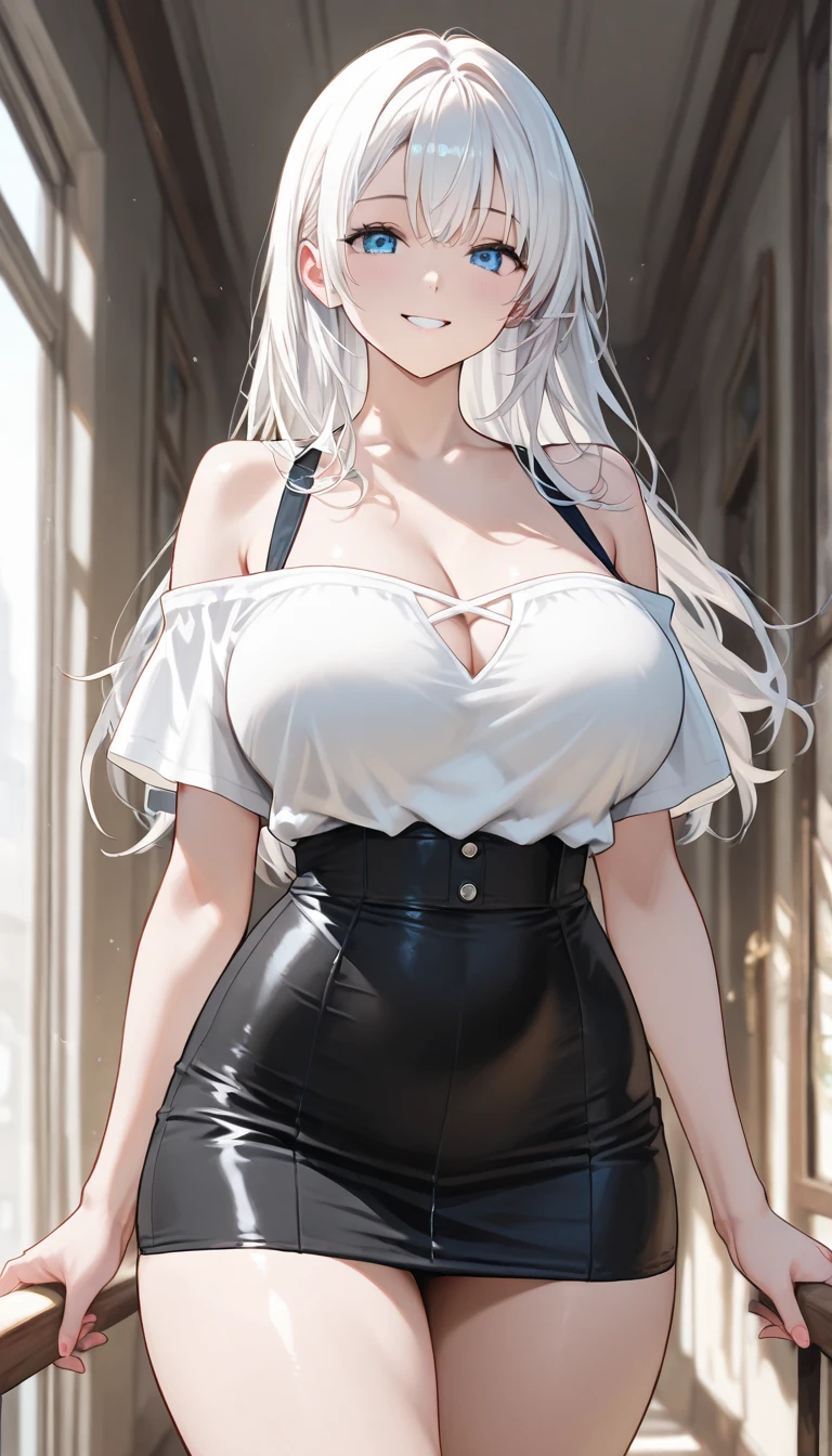 (Masterpiece, High Quality, Top quality, High-Detailed, Detailed CG, Cinematic Shadow, Cinematic Scene, Beautiful Detailed Eyes, Ultra Resolution, Depth of Field), Looking At The Audience, (Blush Expression:1.2), (Angry Expression:1.2), (SFW:1.2), Blue Eye, Silver Hair, White Hair, Short Hair, Five Fingers, Good Composition, (Swimsuit:1.2), (Black Swimsuit:1.0), (Bare Shoulder Swimsuit:0.8), (Comeltoe), Thicc Thighs, Thick, Large Breasts, Huge Breast, Dark Background, Blur Background, Castle Background, European Building Background