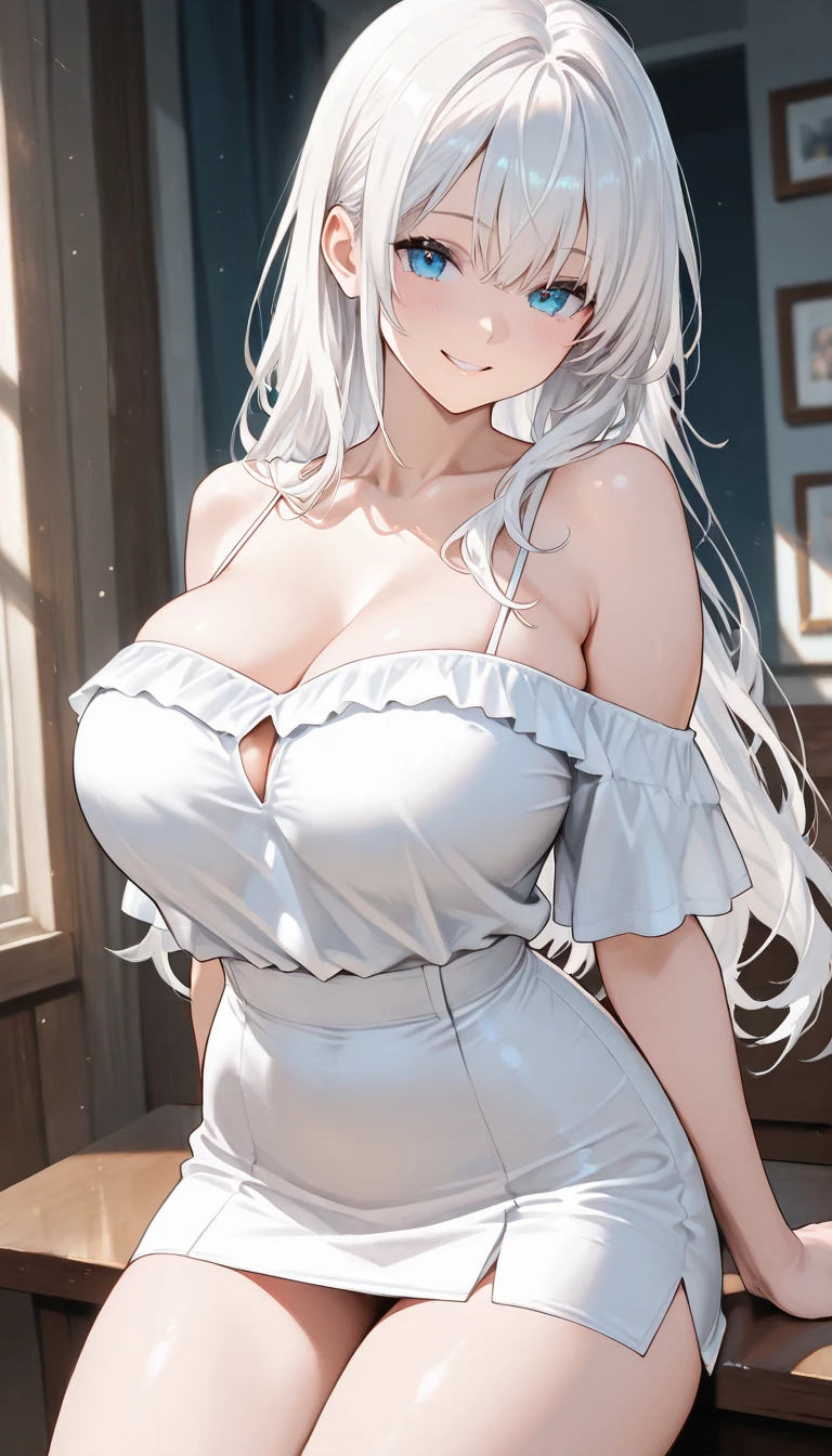(High quality, High resolution, Fine details), abandoned house, broken windows, overgrown vines, tattered curtains, dusty floorboards, decaying walls, faded wallpaper, ethereal glow, mysterious light, white dress, solo, curvy women, sparkling eyes, (Detailed eyes), smile, blush, Sweat, Oily skin, shallow depth of field