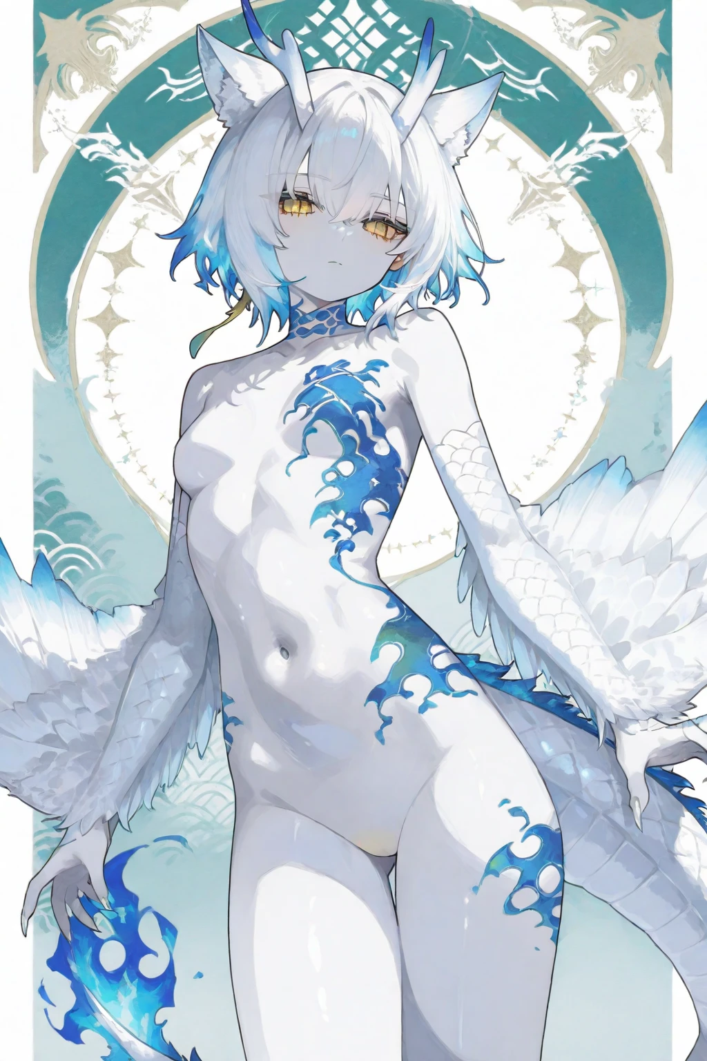 beautiful, masterpiece, Highest quality, anime, One girl, C Cup,Portrait Shot, View your viewers, Intricate details,>,((Covered、Short Hair、nearby、Blue Eyes、art、、White hair,Blue streaked hair、wallpaper、、hairpin、smile、Angel、Nipples、Thighs、Halo、Wolfヘアー、Lying on your back、Wolf_tail、Armpit、white_liquid、honey