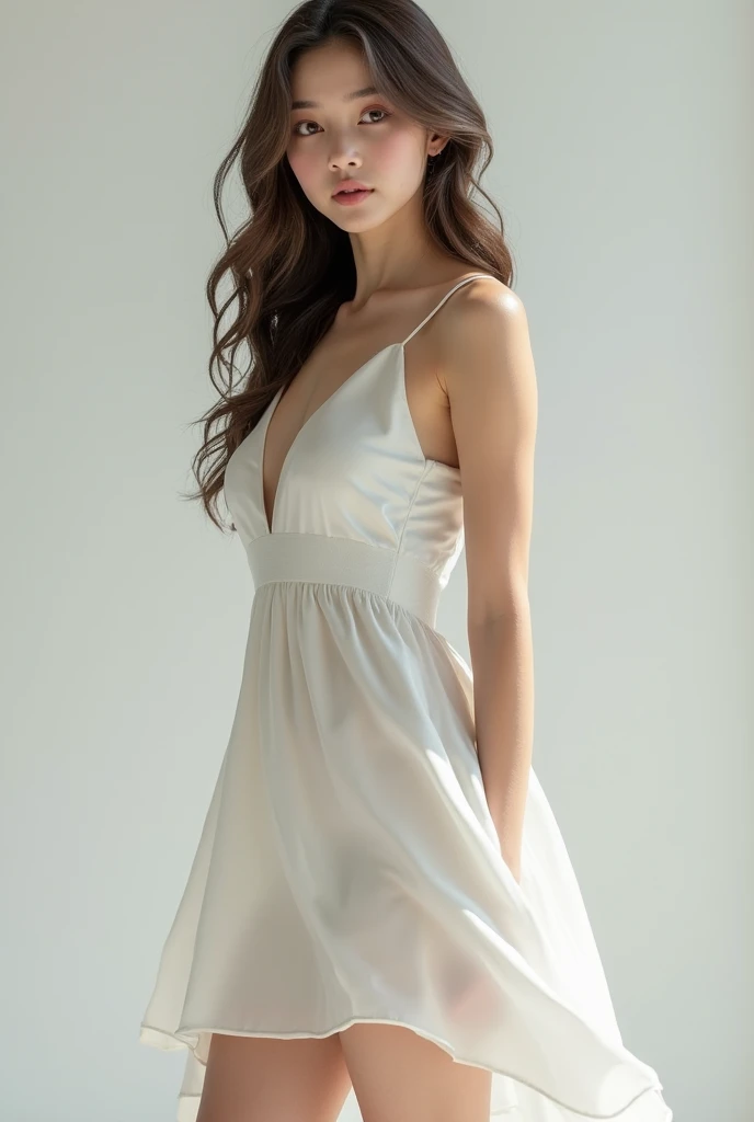 ((1 girl)), Very beautiful Japanese idol portraits, (RAW Photos, Highest quality), (Realistic, Realistic:1.4), (masterpiece), Very delicate and beautiful, Very detailed, 2k wallpaper, wonderful, finely, Very detailed CG Unity 8K 壁紙, Very detailed, High resolution, Soft Light, Beautiful detailed girl, Very detailed目と顔, Beautiful and detailed nose, finelyて美しい目, Cinema Lighting, (Simple light color background:1.3), (Long Hair), (Parted bangs), Complete Anatomy, Slender body, Small breasts, smile, ((Full body shot)), ((banker)), (White chemise),(Panty lines),Sexy pose,Vibrant,((secretary)),Slender,Long legs,(White long slip skirt),(race),