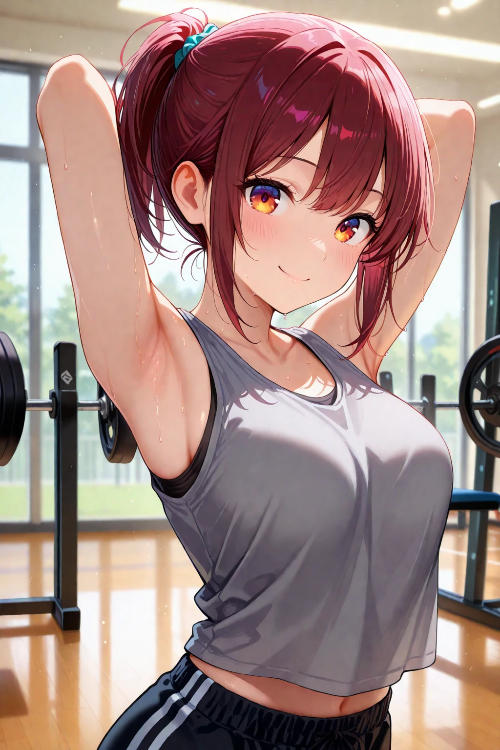 Sakurauchi riko, pink skinny sweet pants, tight gym bra, sweating,sweat drops , slightly smile,(thicc:0.), (cleavage:0.7),unstyled hair,wet hair