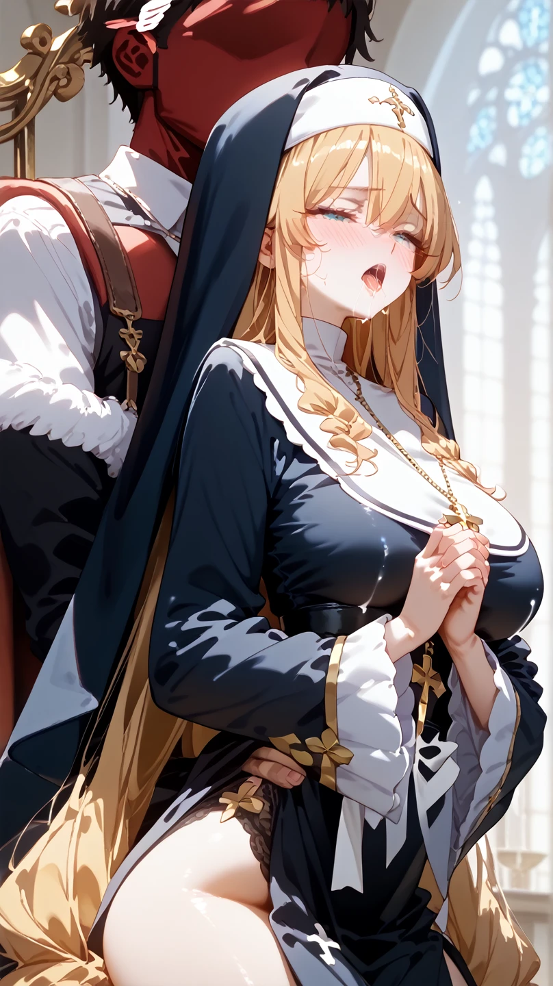 (((Mature Woman,nun))),(((men touching a woman's breasts from front))),(huge breasts),((best quality)),(orgasm:1.2,intense ecstasy),(tears),(Sweat:1.3),(open leg),((at the church:1.1)),(skirt:1.1),(button-down,woman is wearing lace),(Latex,Red,Gold clothing),(Squint eyes:1.2),(embarrassing,blush),blonde,
