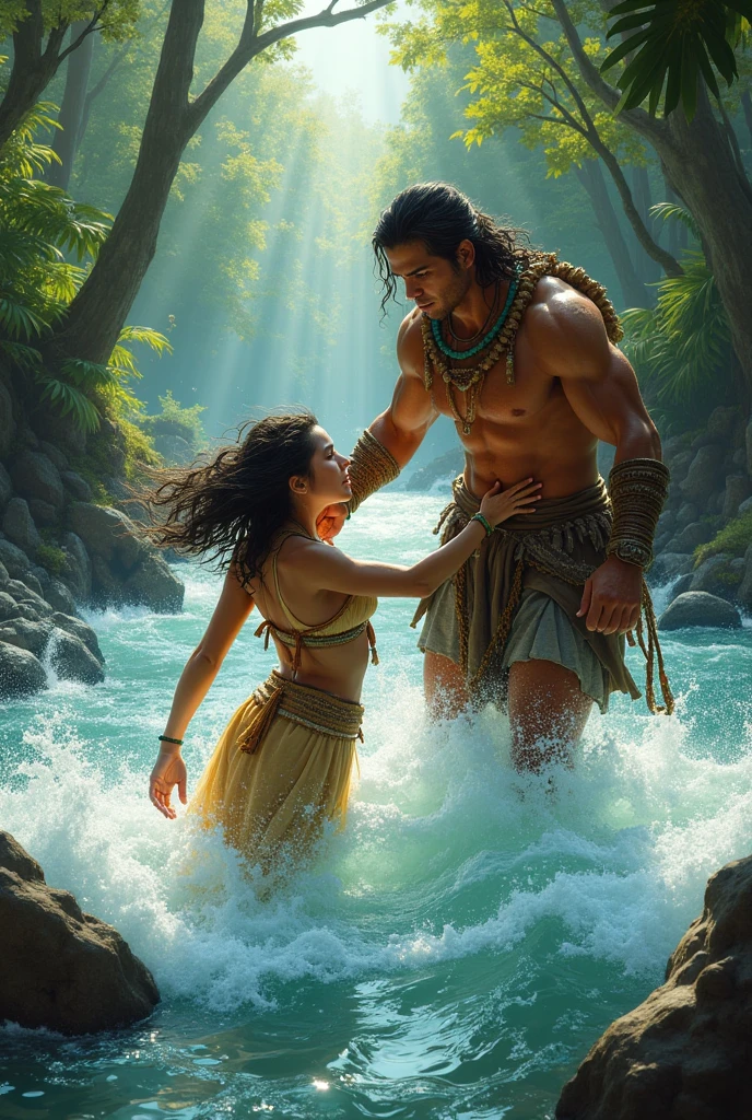 A strong indian muscular warrior women , lifting a man in her lap , breastfeeding