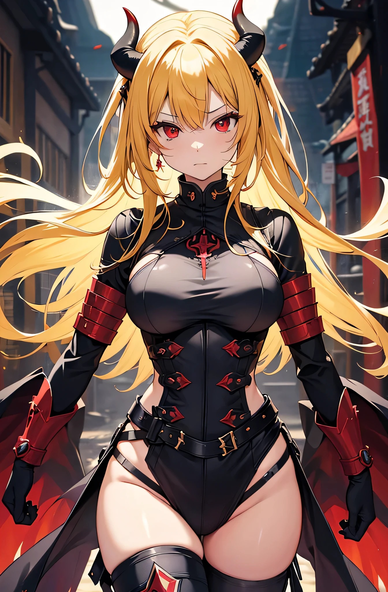 she is back, insane smile,(masterpiece, best quality:1.2)blonde, , red glowing eyes, red eyes, the eyes are red, perfect face, strong make up, sherp eyes, highres, 1 girl, ultra long ponytail, (female:1.5),red longskirt, strife, blonde and red hair streaked with lots of red highlights, two colors hair (blond and red), hight flame mistress outfit, shoulder armor, sleeveless turtleneck, suspenders, belt, gloves, bracer pre potent smile, crossing legs, crossing arms , evil smile, evil pose, sitting, portrait, looking at viewer,  Her hair is streaked with lots red and blonde highlights, moon tribal tattoo.