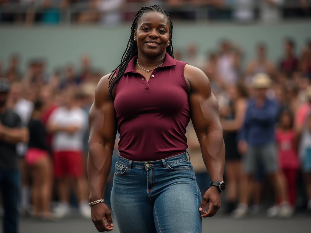 A heavily muscled iffb pro female bodybuilder Queen latifah as a sexy rugby player wearing a soaking wet lycra rugby uniform, very sexy muscular thighs