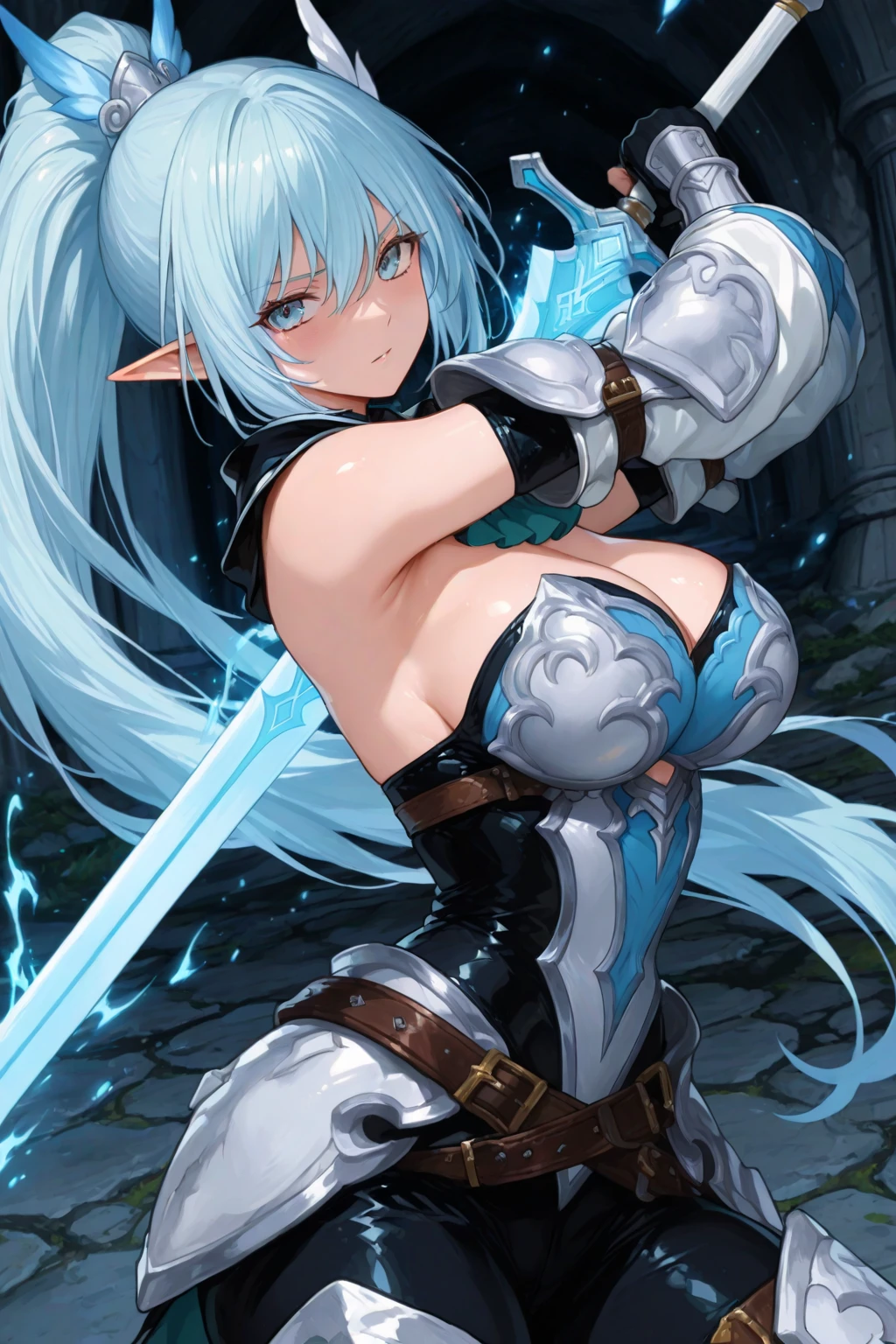 A female swordsman wearing shiny metallic steel armor.、Armpit、belly button、Thighs、Fighting monsters in a dungeon、Raise your sword
