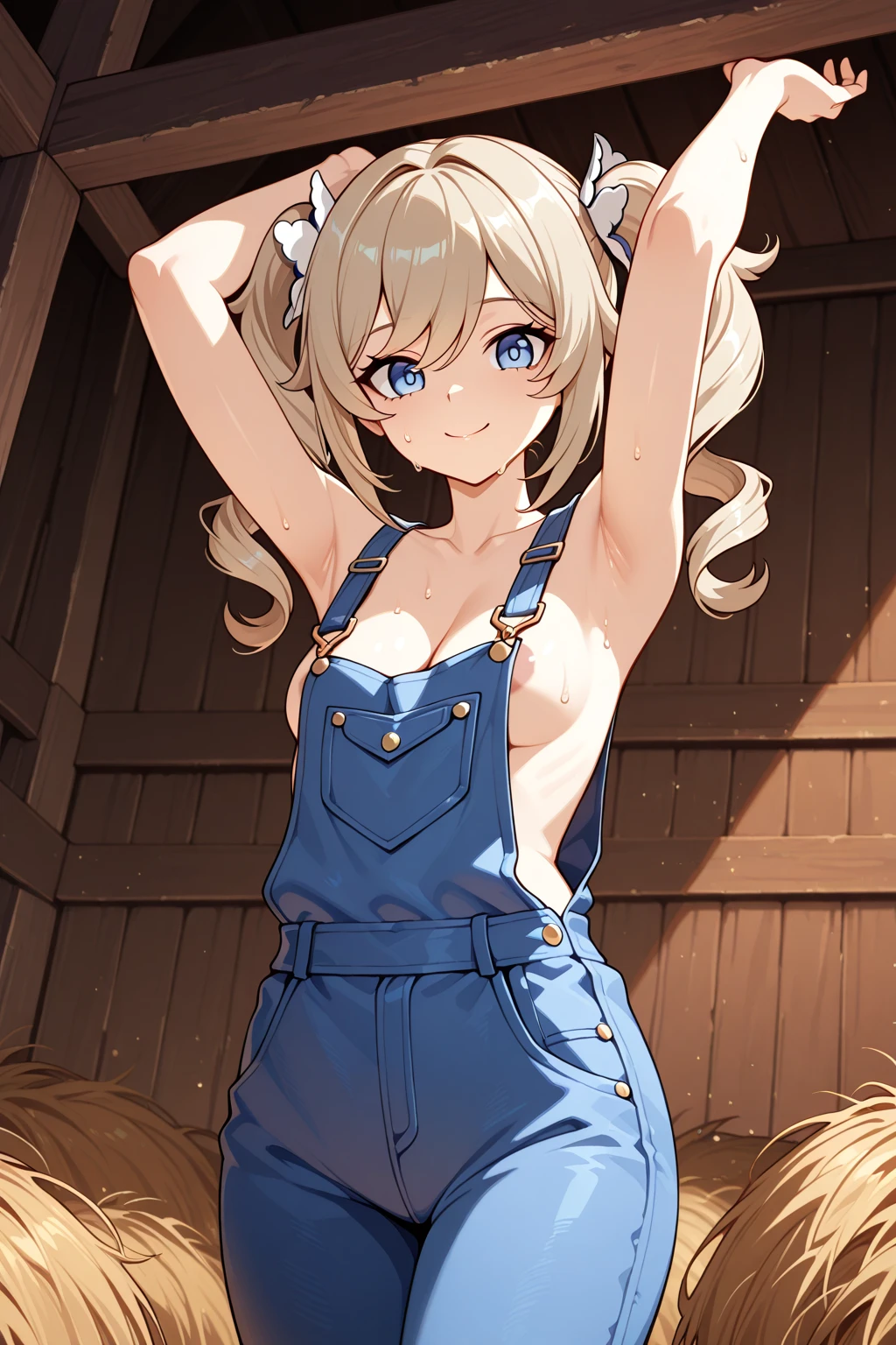 1girl, breasts, nero_claudius_(fate), hair_intakes, naked_overalls, overalls, green_eyes, solo, nero_claudius_(fate/extra), large_breasts, blonde_hair, open_mouth, looking_at_viewer, white_background, smile, cleavage, blush, braid, simple_background, collarbone, official_alternate_costume, ahoge, hair_bun, :d, bangs, single_hair_bun, bare_shoulders, french_braid, headband, ribbon, hair_ribbon, hairband, sitting, red_headband, teeth, cowboy_shot, red_ribbon