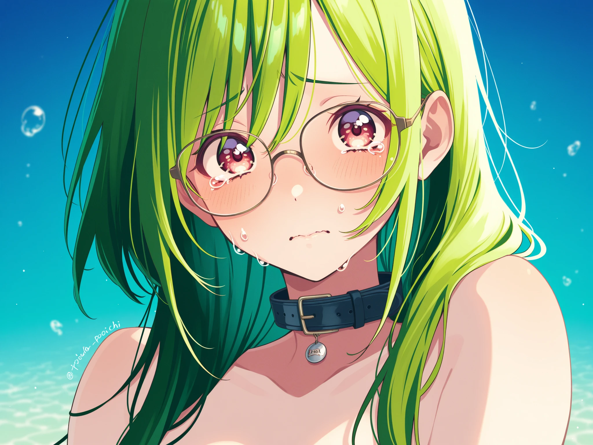 (8k, masterpiece, Best Quality, ultra-detailed, Professional lighting, beautiful detailed faces, bright colors) beautiful chubby mature woman, naked, long green hair tied in a braid, happy smile mouth open tongue out, rolling eyes, wearing glasses, oppai, oppai proportions, golden eyes, whole body visible, outdoor near a lake, pov, sucking giant dick