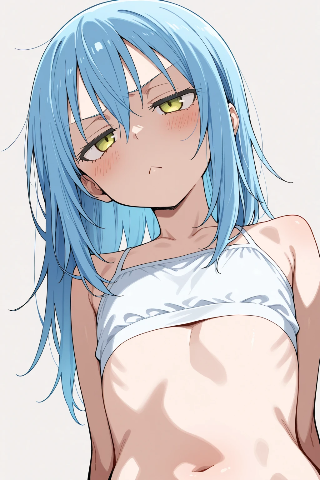 (masterpiece, best quality:1.2), 1girl, solo,standing_split, ((( small chest))), 
((long ponytail turquoise hair))), ((red eyes))), White sleeveless tank top，nsfw, nude bottom,( black pantihose),(turquoise highheels)