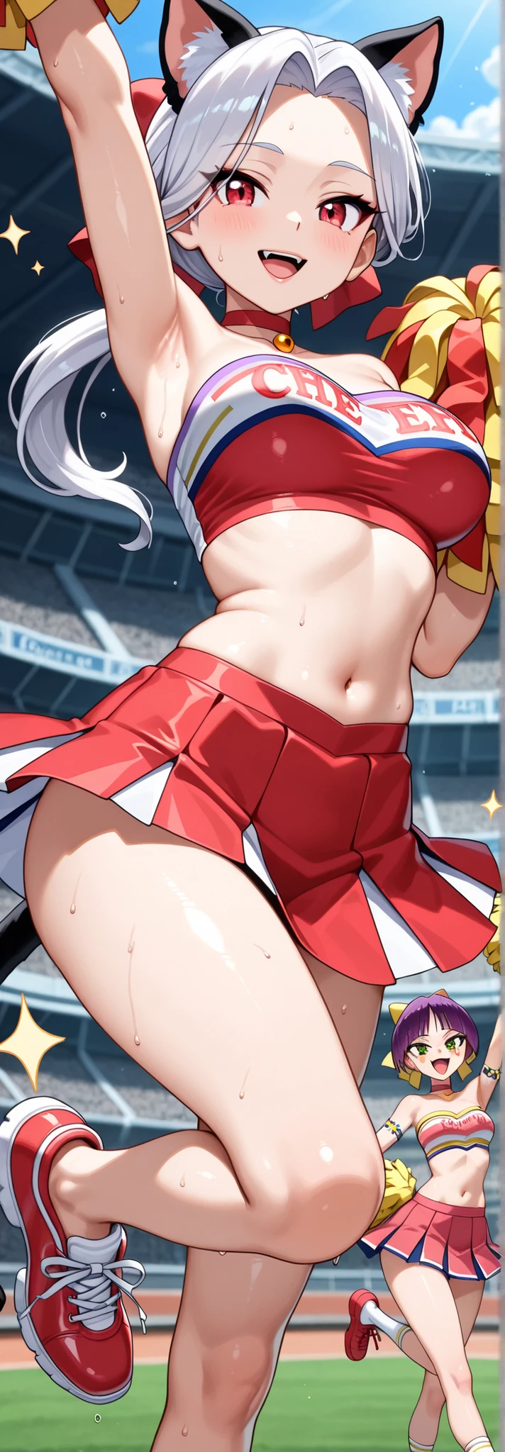 (masterpiece,top quality,Ultra High Resolution),1 Japanese woman, (((Very Beautiful Old Lady ))), cute girl、WATCH THE PHOTOGRAPHER、 (()), very cute face, Shiny Lips, double eyelids on both eyes ,natural smile、 natural makeup, long eyelashes, 、, Perfect hands and feet, perfect anatomy,((( Sparkling Cheering Uniform ,Cheerleader,Cheerleader,Tube Top))))Stadium,((Cat girl,GeGeGe no Kitaro))the appeal of a sweaty,(((Tube Top)))((((please open your mouth,))))red choker、white shirt、jewelry、gem、brooch、long sleeve、red dress、apron dress、short dress、Red Shoes、