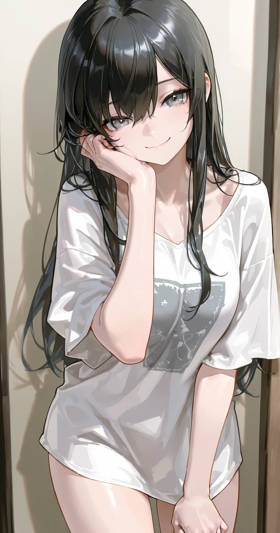 Best image quality, 8k, (Ultra-high resolution:1.5,Japanese,smile,Delicate eyes,Sensitive face,Attractive face,Long Black Hair、White tank top、Shorts、Blue Eyes