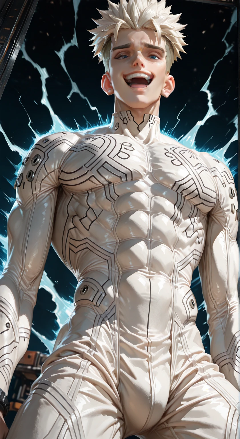 light White  skin, short curly hair, male, male, masculine, light brown skin, brown, brown hair, brown eyes, tight White  body suit, black boots, large thighs, muscular, feminine body, slim waist, male, large hips, full body, one person, realistic
