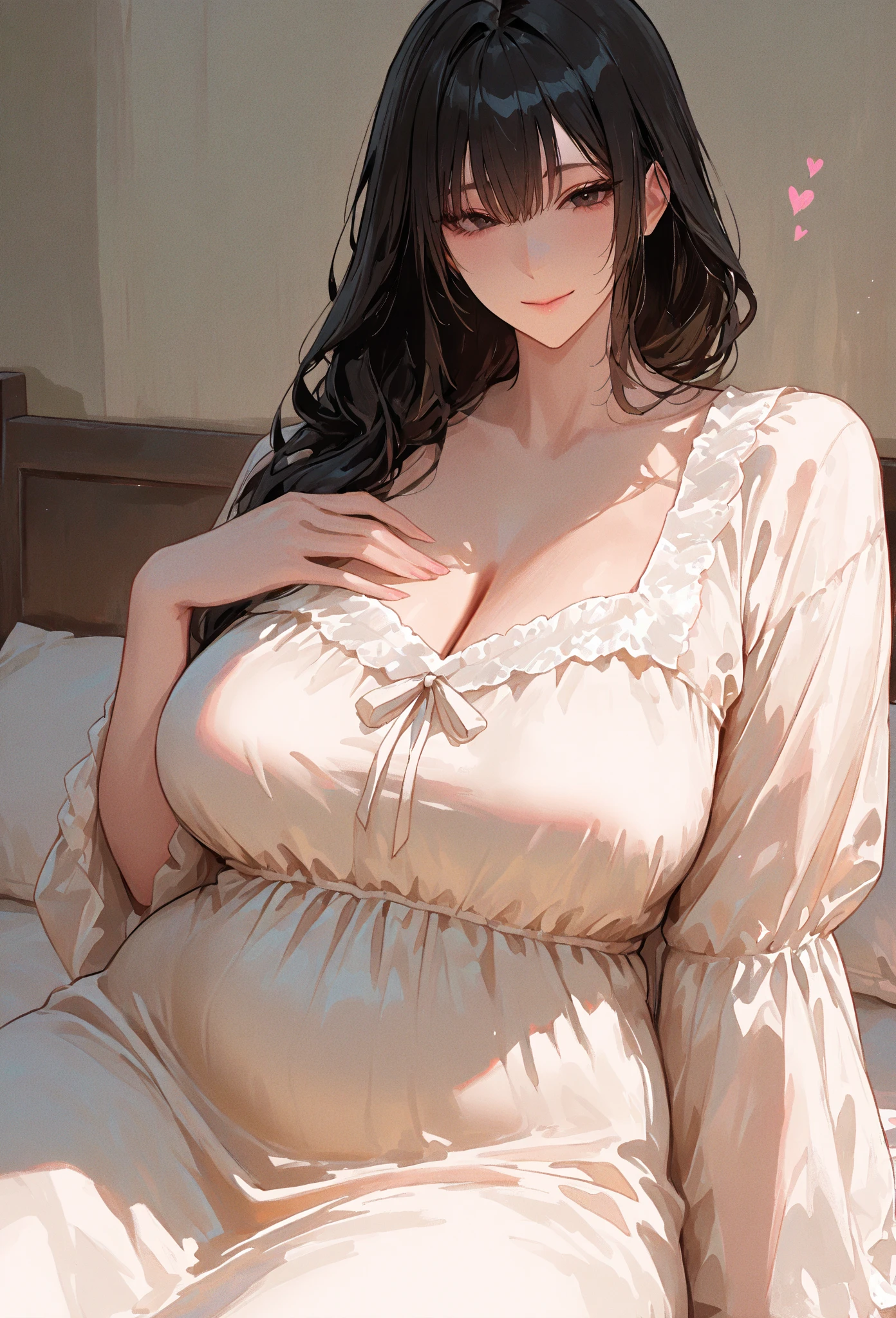 Pregnant woman with large breasts, wearing a long beautiful transparent dress, laying on bed, long legs, legs spread, one leg up, showing wet pussy, naked pussy, wet pussy, one nipple visible.